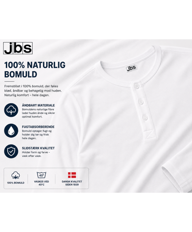 JBS langærmet T-shirt hvid med knapper til herre – 100 % bomuld billede 4