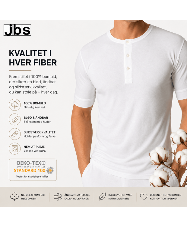 JBS halværmet T-shirt med knapper til herre – hvid billede 2