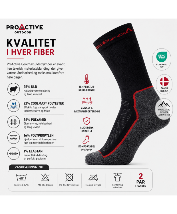 ProActive Coolmax-uldstrømper 2-pak sort/grå til herre billede 8