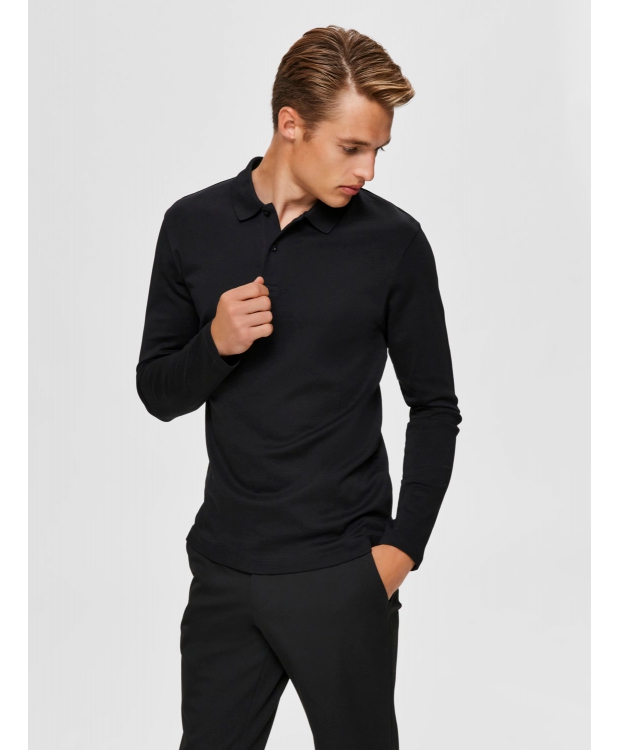 Selected langærmet økologisk bomulds polo i sort til herre.