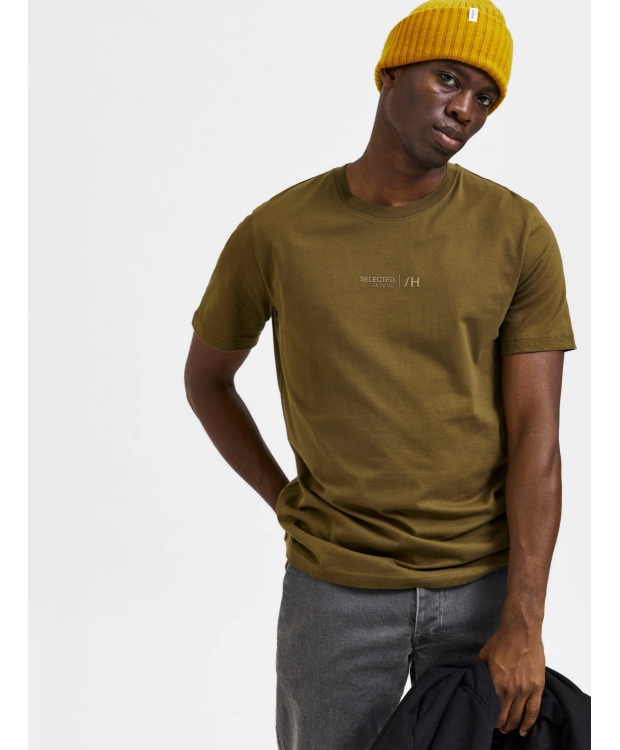 Selected Boris printet T-shirt i dark olive med rund hals til herre billede 4