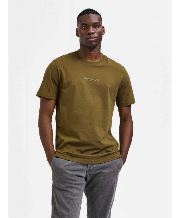 Selected Boris printet T-shirt i dark olive med rund hals til herre