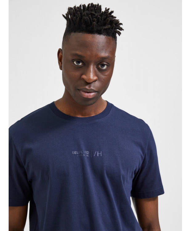 Selected Boris printet T-shirt i navy med rund hals til herre billede 3