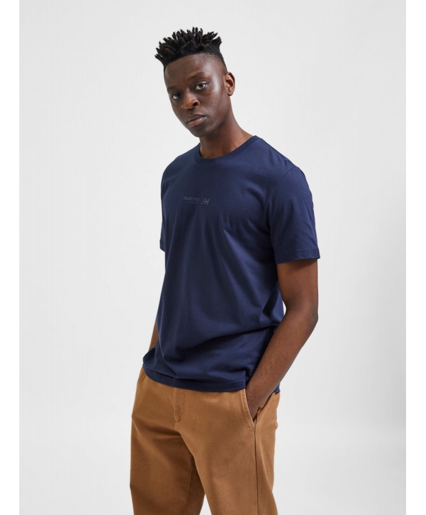 Selected Boris printet T-shirt i navy med rund hals til herre billede 5