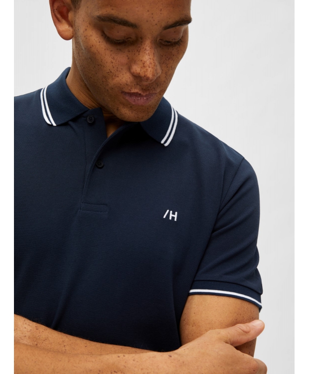 Selected kortærmet polo med økologisk bomuld i navy blazer til herre billede 4