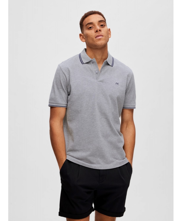 Selected kortærmet polo med økologisk bomuld i medium grey melange til herre billede 5