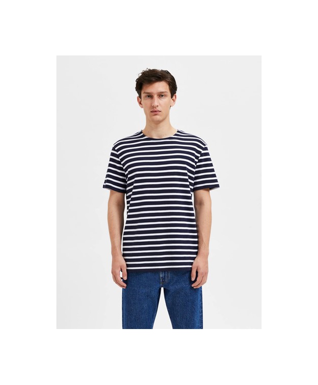 Selected t-shirt i navy m. hvide striber til herre